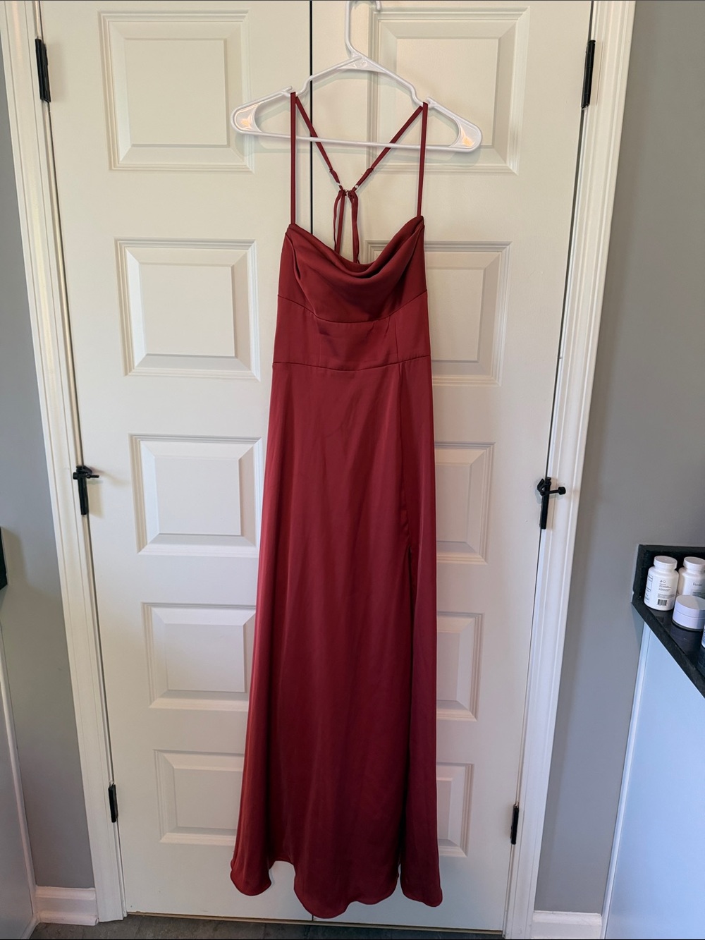 Azazie Terracotta Satin Cowl Neck Maxi Dress